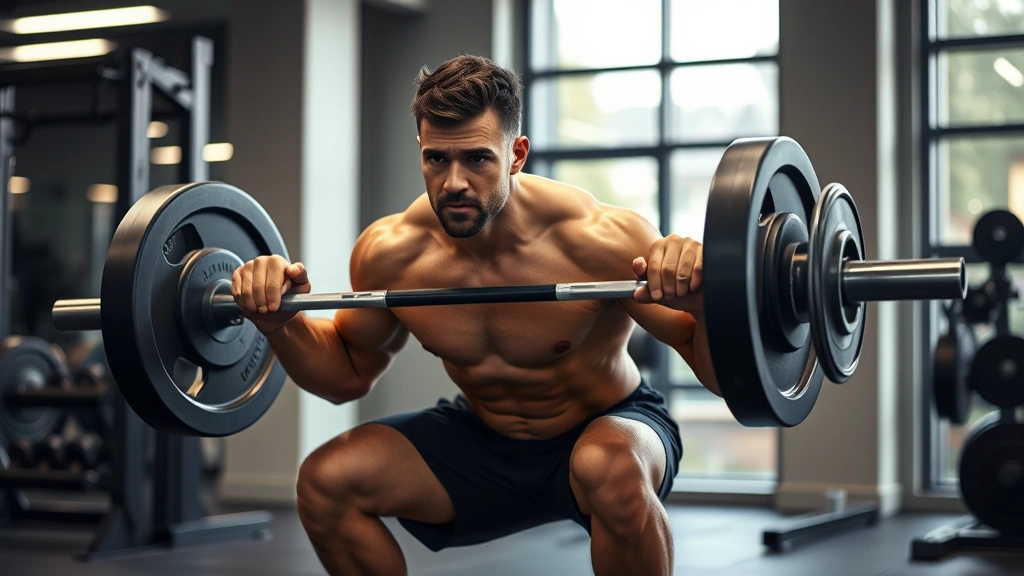 Athletic male performing heavy barbell squat with perfect form in modern gym, intense focused expression, professional lighting highlighting musculature and movement