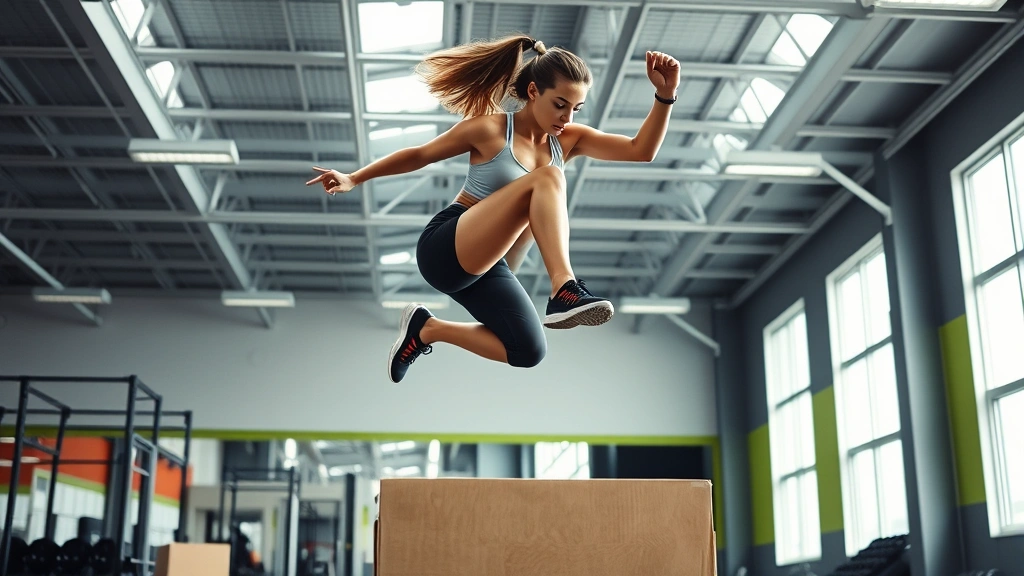 Female athlete executing explosive box jump in bright fitness facility, dynamic mid-air position showing power and athleticism, contemporary gym setting
