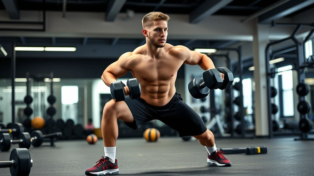 Young football player performing weighted lunges with dumbbells in strength training facility, muscular definition visible, professional sports training environment
