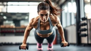 Athletic woman performing burpees with explosive intensity in modern gym, sweat visible, focused expression, dynamic motion captured mid-movement, professional fitness photography