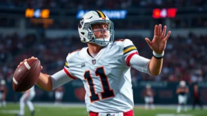 Professional football quarterback mid-throw during college game, intense focus, stadium lights, dynamic action shot, athletic form