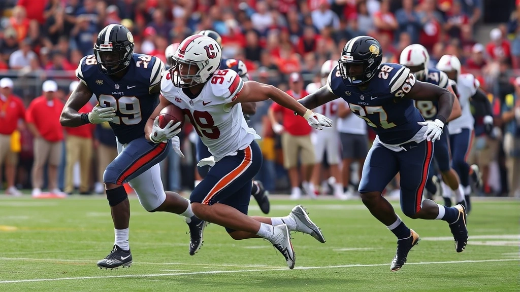 College football defensive lineman pursuing ball carrier, physical contact, aggressive pursuit, crowd in background, championship-intensity moment