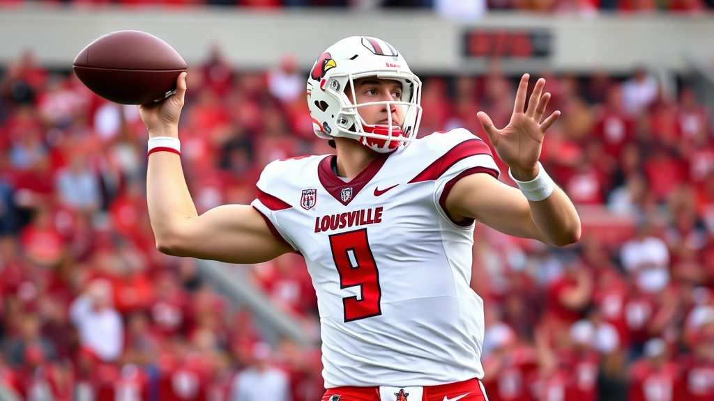 Male college football quarterback in Louisville Cardinals uniform throwing pass during game, stadium crowd background, dynamic action shot, professional sports photography, athletic performance focus
