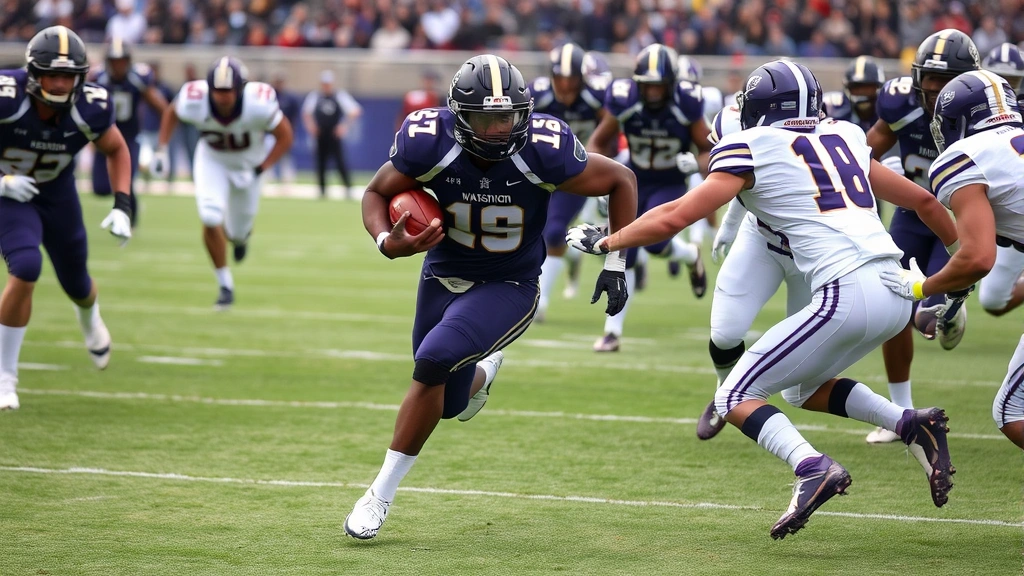 Running back in Washington Huskies uniform breaking through offensive line during rushing play, defenders pursuing, grass field visible, intense competitive moment, high-speed athletic action
