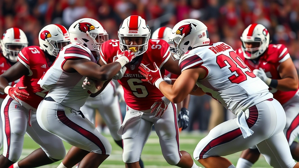 Defensive line players in Louisville Cardinals uniform applying pressure on opposing quarterback, pass rush collision, game action intensity, stadium lighting, professional college football competition