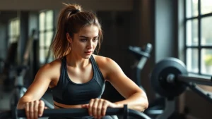 Athletic woman performing high-intensity interval training on rowing machine, sweat visible, intense facial expression, gym setting with natural lighting