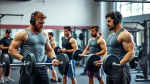 High school football players performing strength training exercises in modern gym facility with barbells and dumbbells, coaches instructing proper form