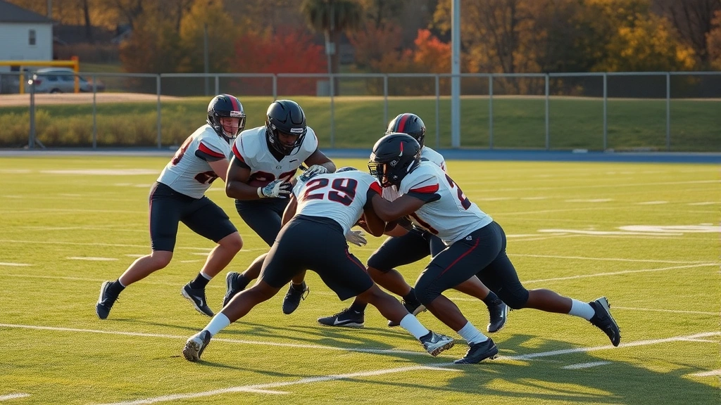 Defensive football players executing tackle drills on practice field with proper technique demonstration, autumn afternoon lighting