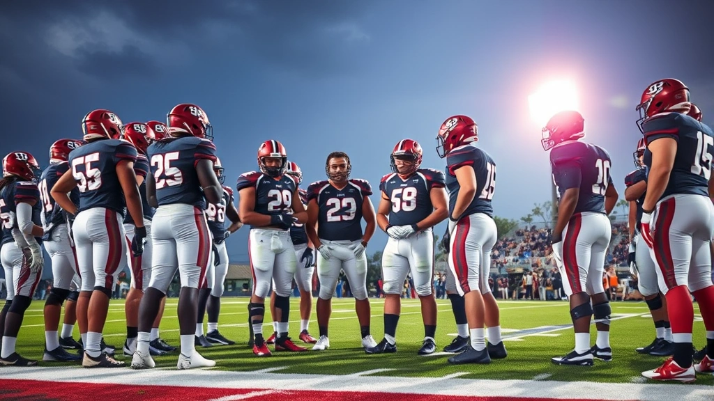 Football team huddled together on sideline during game, coaches and players discussing strategy with focused intensity and determination