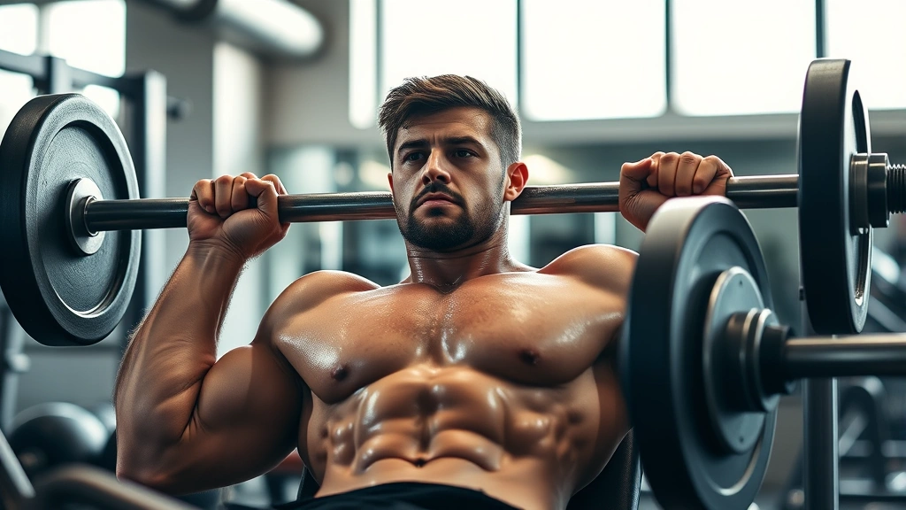 Athletic male with defined muscular physique performing heavy barbell bench press in modern gym with natural lighting, intense focused expression, sweat visible, professional athletic setting