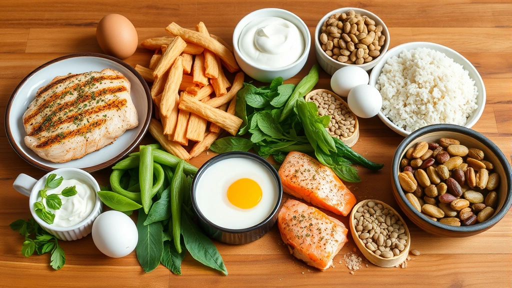 Variety of high-protein foods arranged on wooden table including grilled chicken breast, salmon fillet, eggs, Greek yogurt, legumes, nuts, and rice in natural daylight, nutritious meal prep concept