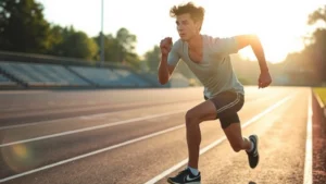 Athlete performing high-intensity sprint intervals on outdoor track in morning sunlight, showing explosive effort and athletic form