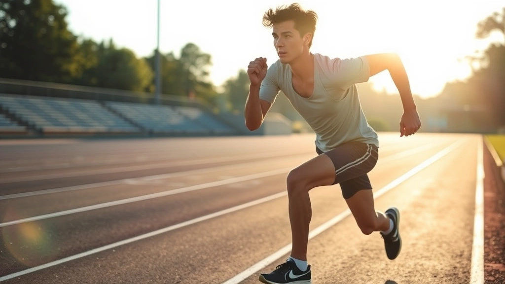 Athlete performing high-intensity sprint intervals on outdoor track in morning sunlight, showing explosive effort and athletic form