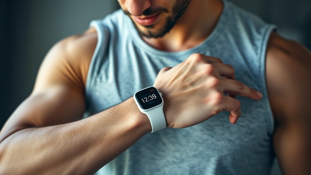 Athlete checking heart rate monitor on wrist after intense cardio workout, showing post-exercise recovery and fitness tracking technology