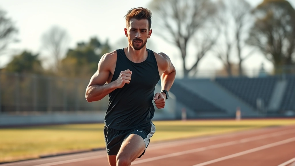 Athletic male runner sprinting at full intensity on outdoor track with muscular definition visible, sweat, dynamic motion blur, morning sunlight, professional fitness photography