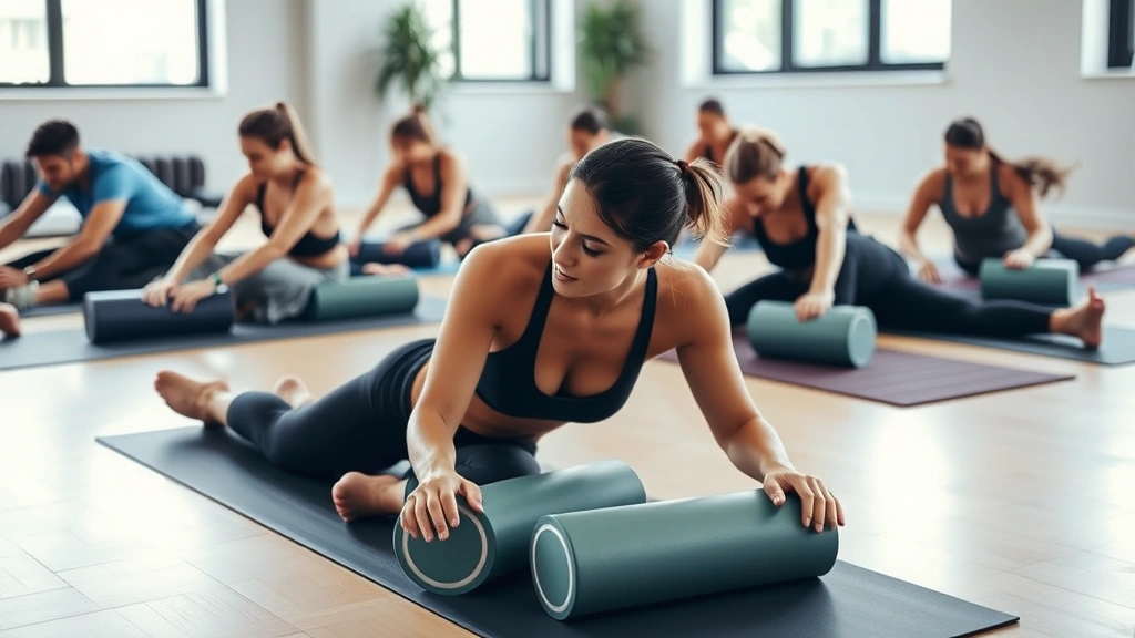 Mixed group of fit athletes doing recovery foam rolling on yoga mats, relaxed focused expressions, modern gym environment, natural window lighting, wellness atmosphere