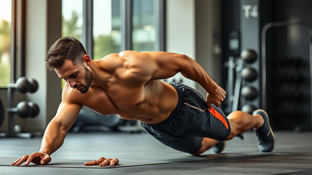 Muscular male athlete performing plank exercise with perfect form in modern gym setting, strong core engaged, professional lighting, photorealistic