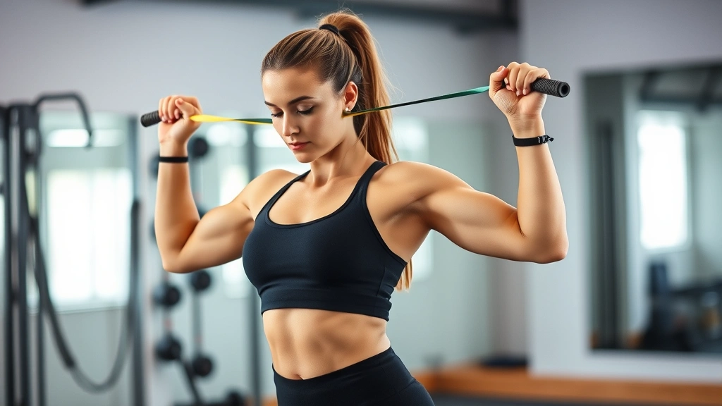Female fitness professional demonstrating Pallof press with resistance band at chest height, controlled core stability movement, gym background, motivational atmosphere