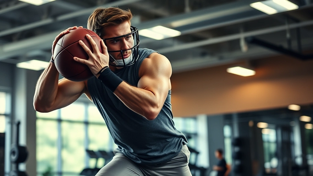 College football player performing explosive power training with medicine ball slam exercise in modern gym facility, athletic physique, intense concentration, professional lighting
