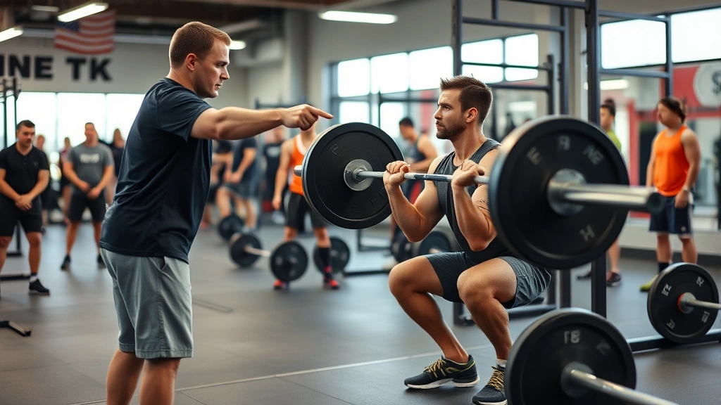 Strength coach directing collegiate athlete through barbell squat exercise with proper form, weightlifting platform, multiple strength athletes training in background, motivational training environment