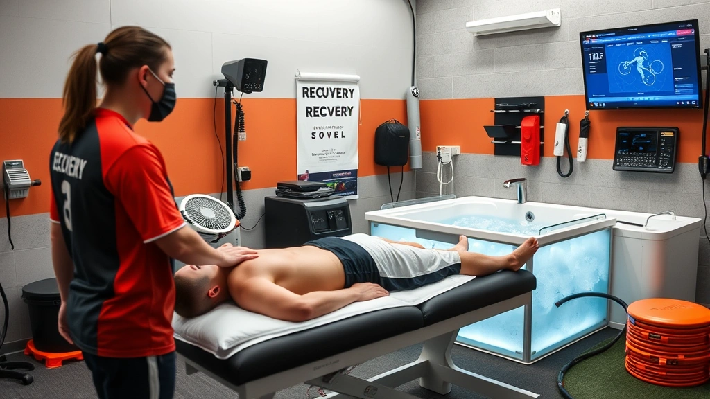 Recovery and athletic performance monitoring station showing athlete receiving sports massage therapy, ice bath equipment visible, sports medicine professional working, high-tech sports facility