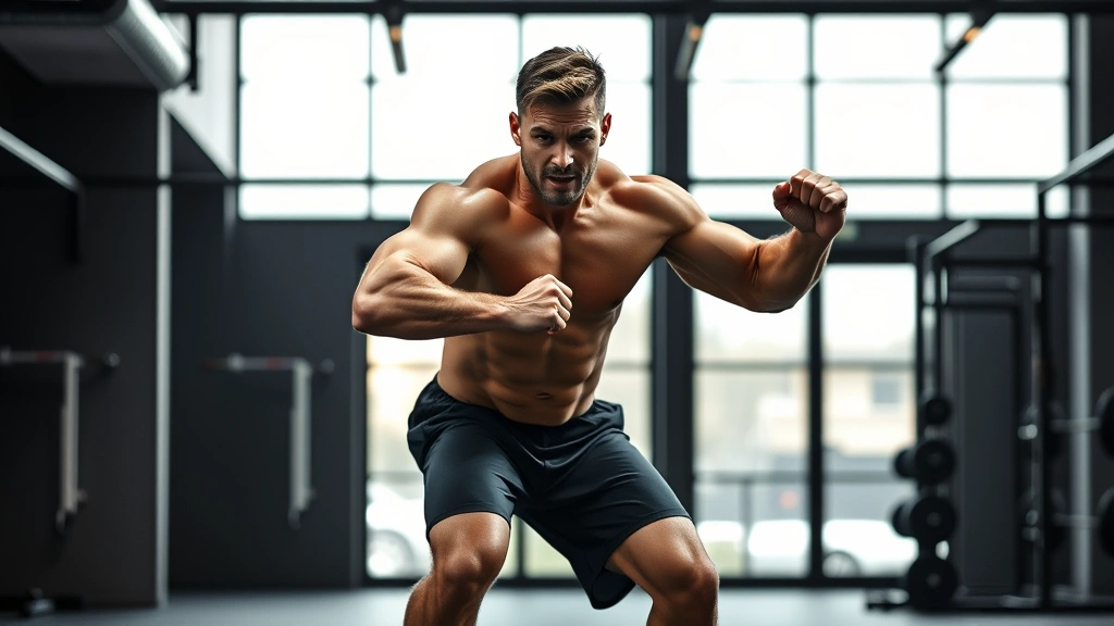 Athletic male athlete performing explosive jump squat in modern gym, muscular physique, intense focused expression, natural lighting, dynamic motion, sweat visible, professional fitness setting