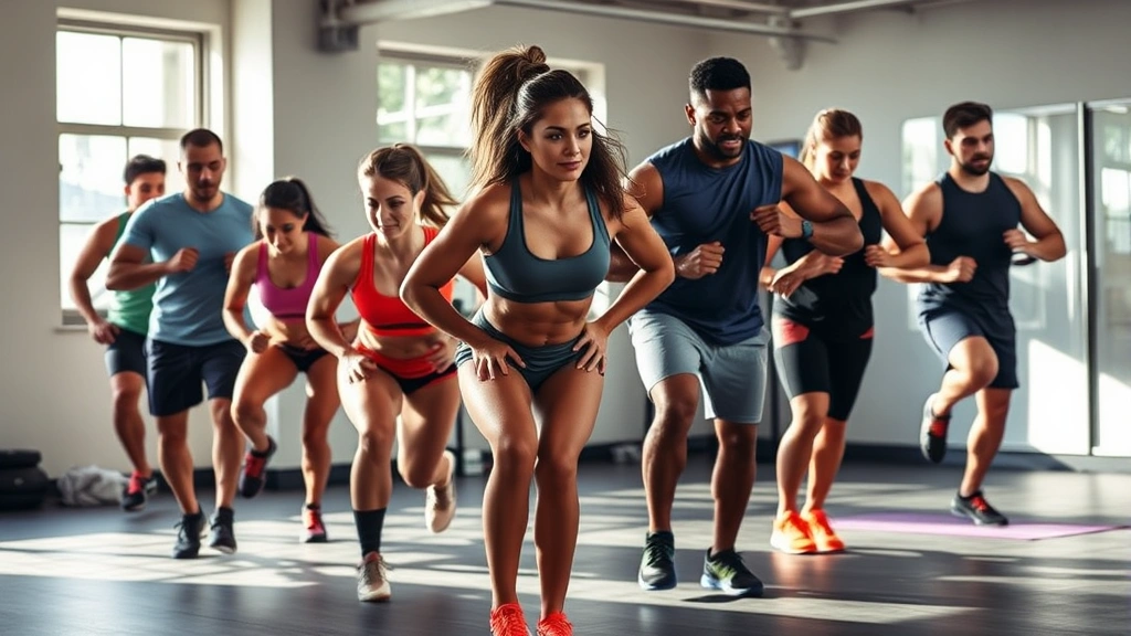 Group of diverse athletes performing burpees together in high-intensity interval training class, synchronized movement, determined expressions, gym floor setting, natural morning light, professional coaching environment
