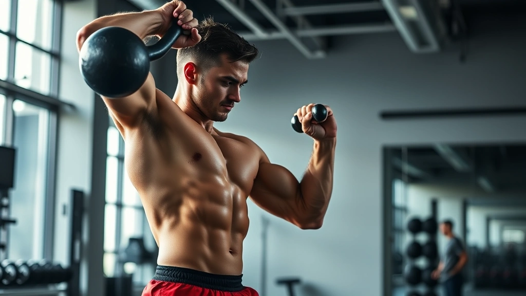 Fit athlete performing kettlebell swings in modern gym, explosive movement, sweat visible, intensity evident, proper form demonstration, natural gym lighting, strength training focus