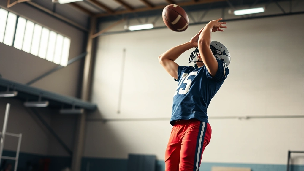 Young football player executing vertical jump in training facility, maximum height, athletic explosiveness, determination, sports conditioning context, professional lighting, championship-level intensity