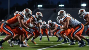 High school football players in Massillon Tigers uniforms executing a perfect offensive play during a night game, stadium lights bright, focused intensity on faces, authentic athletic action