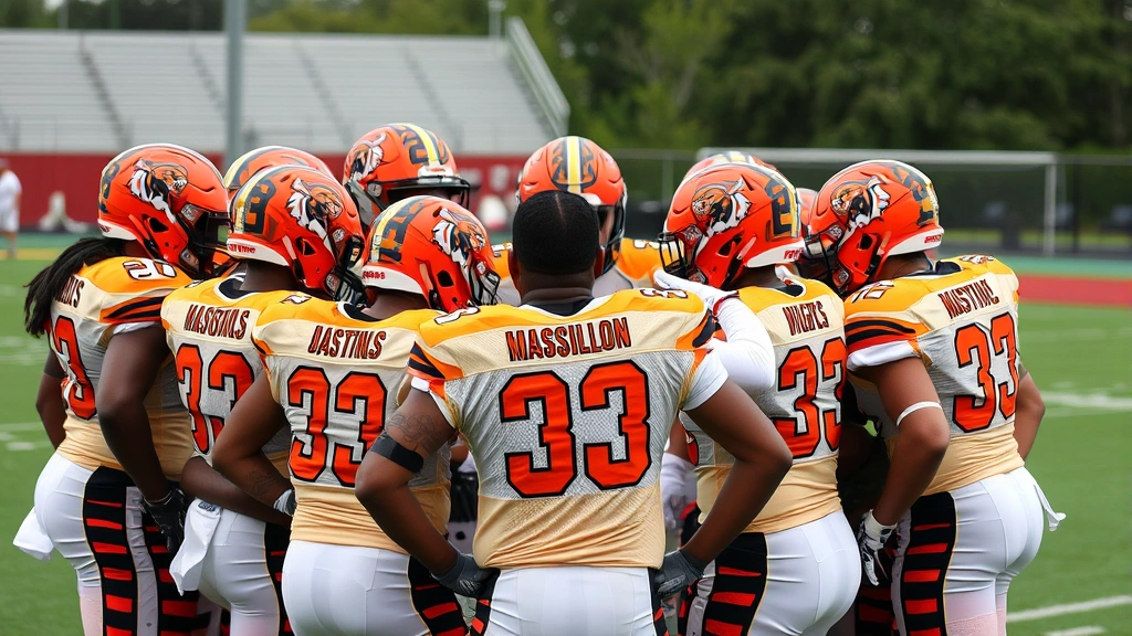 Massillon Tigers football team huddled together in a motivational moment, diverse athletes showing unity and determination, coach gesturing with leadership authority, genuine team bonding atmosphere
