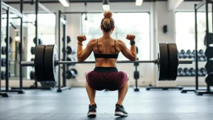 Female athlete performing explosive back squat with perfect form in modern gym, showing powerful lower body drive, athletic build, focused intensity