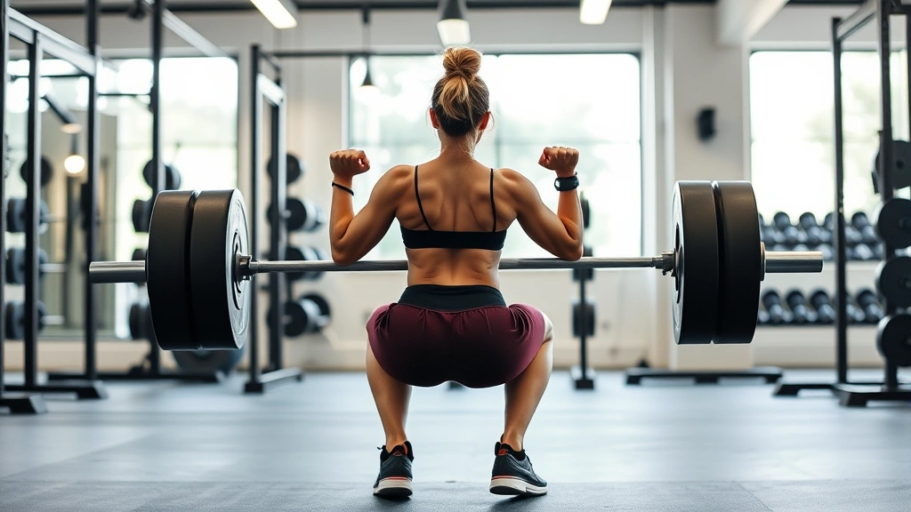 Female athlete performing explosive back squat with perfect form in modern gym, showing powerful lower body drive, athletic build, focused intensity