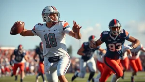College football quarterback throwing downfield during afternoon game with defenders rushing, dynamic action shot with clear sky background, photorealistic athletic intensity