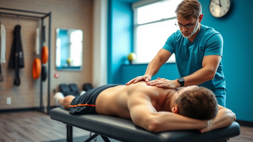 Recovery scene showing athlete receiving soft tissue massage therapy from sports medicine professional, focused relaxation, clinical athletic training room environment, demonstrating injury prevention and recovery care