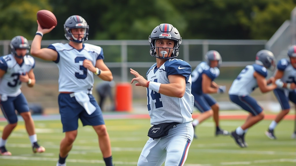College football quarterback in practice gear throwing a football during field training session with teammates running routes, showing professional coaching instruction and athletic development