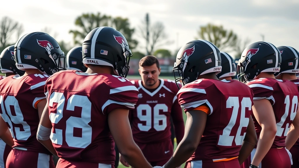 Football team huddled together in intense focus before game play, showing unified commitment and team culture with coach visible providing strategic direction and leadership