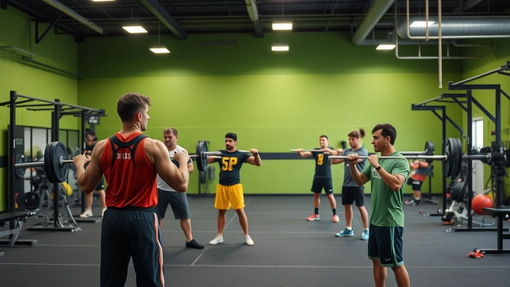 Strength and conditioning facility with college football athletes performing advanced training exercises including weight lifting and functional movements under professional coaching supervision
