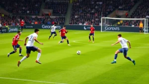 Professional football players in tactical formation during intense match, showing midfield control and positioning strategy, dynamic action photography with green pitch