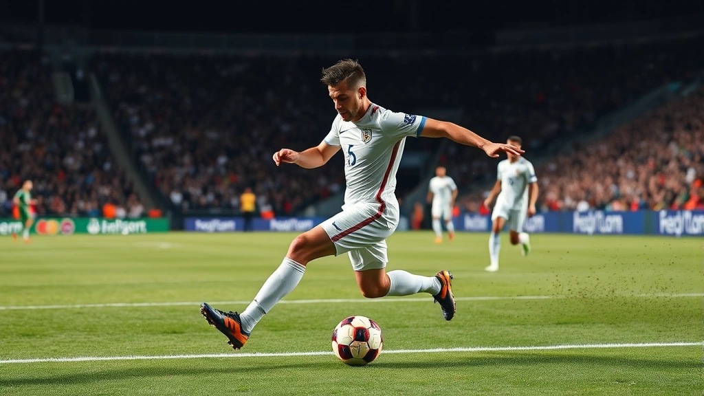 Forward striker in dynamic attacking moment, explosive movement showing modern football athleticism and tactical positioning during professional international match