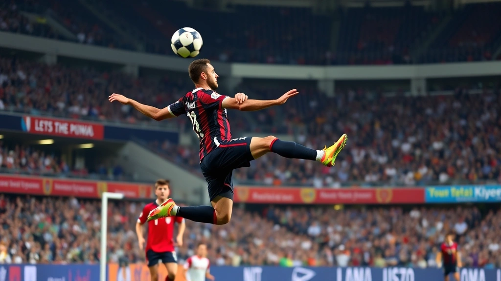 Professional soccer player executing powerful header during international match, stadium background, athletic intensity, dynamic motion captured mid-air