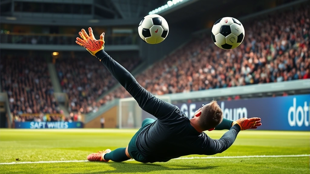 Goalkeeper making diving save, outstretched arms, soccer ball in flight, professional stadium lighting, intense athletic moment