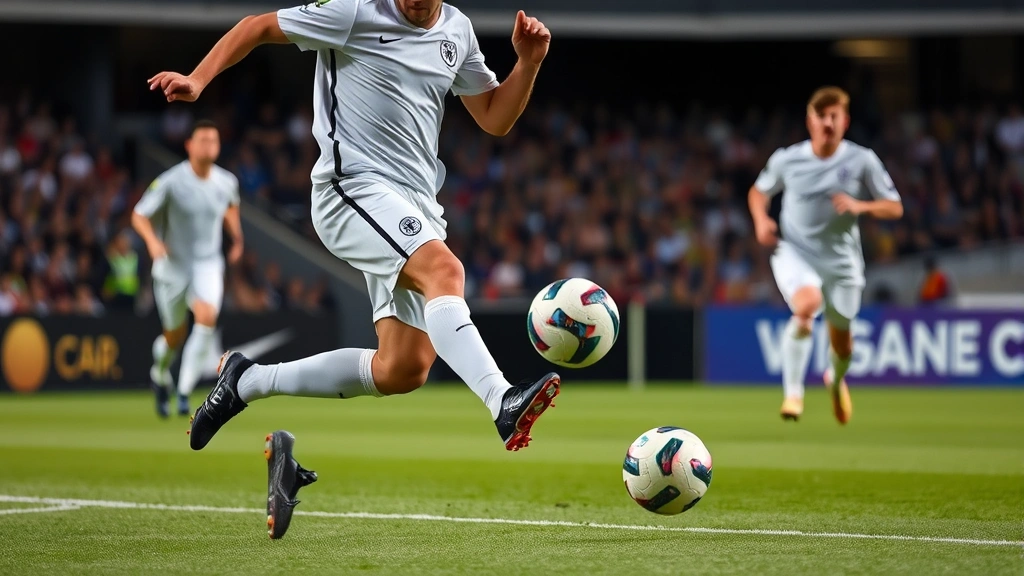 Soccer midfielder controlling ball during competitive match, precise foot positioning, defenders visible in background, professional football atmosphere