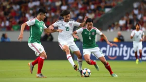 Professional soccer players in Mexican national team uniform executing quick passing combinations in midfield during international match, showing dynamic movement and technical skill with ball control focus