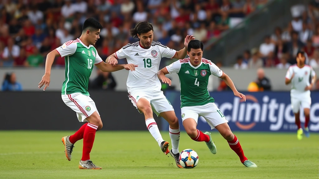 Professional soccer players in Mexican national team uniform executing quick passing combinations in midfield during international match, showing dynamic movement and technical skill with ball control focus