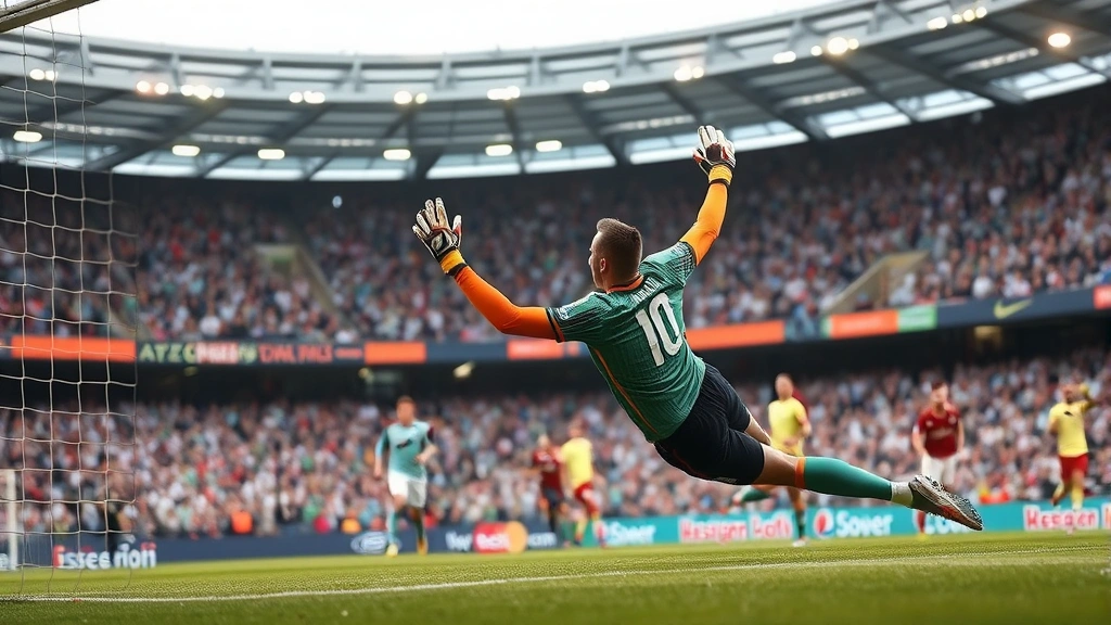 Goalkeeper making athletic save during international football match, diving across goal with stadium crowd blurred in background, dynamic action photography