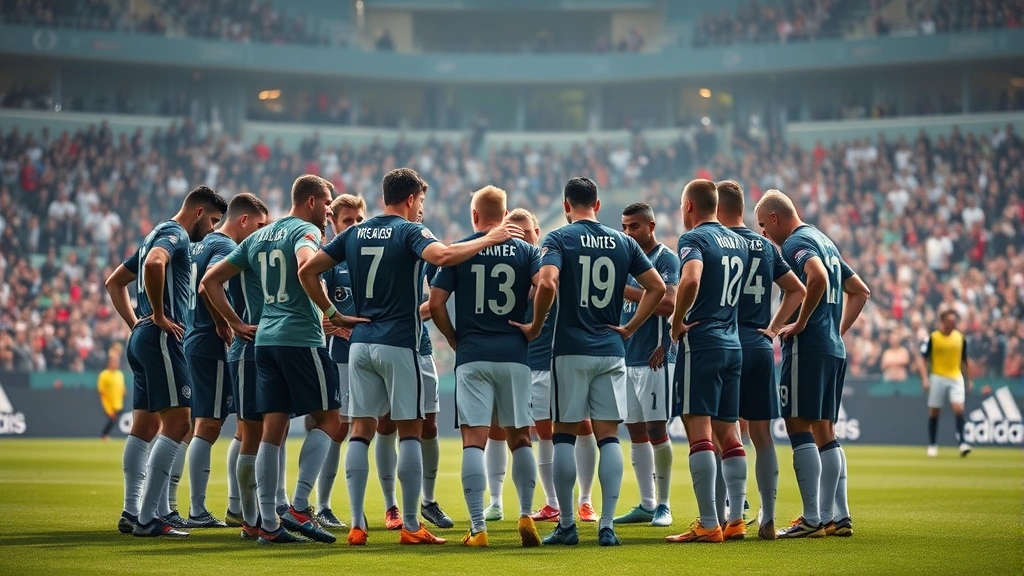Team huddle of international football players during match break discussing tactics, showing intensity and focus with stadium atmosphere visible behind