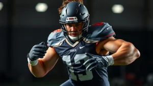 Athletic male high school football player performing explosive power training, demonstrating conditioning excellence for playoff performance, dynamic movement, intense focus, photorealistic