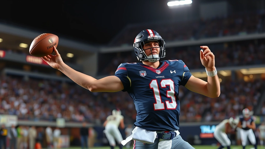 Professional quarterback throwing football during college game, athletic motion, stadium lights, focus on form and release point, no text or labels