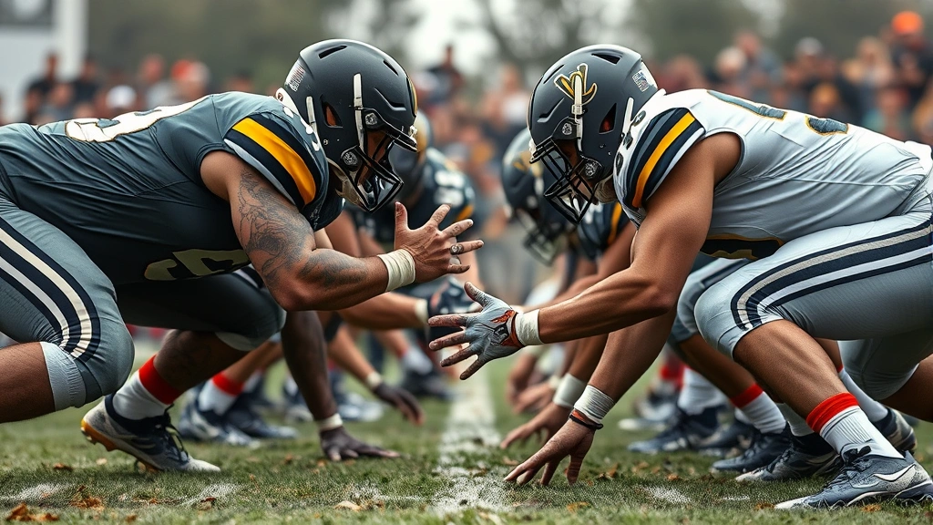 Offensive lineman and defensive lineman engaged in trenches, low pad level contact, gap control demonstration, intense athletic competition, photorealistic